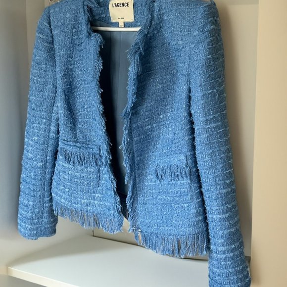L'Agence Angelina Tweed Fringe Blazer in Riviera Blue in Size 8 Strong Shoulders - Picture 10 of 13
